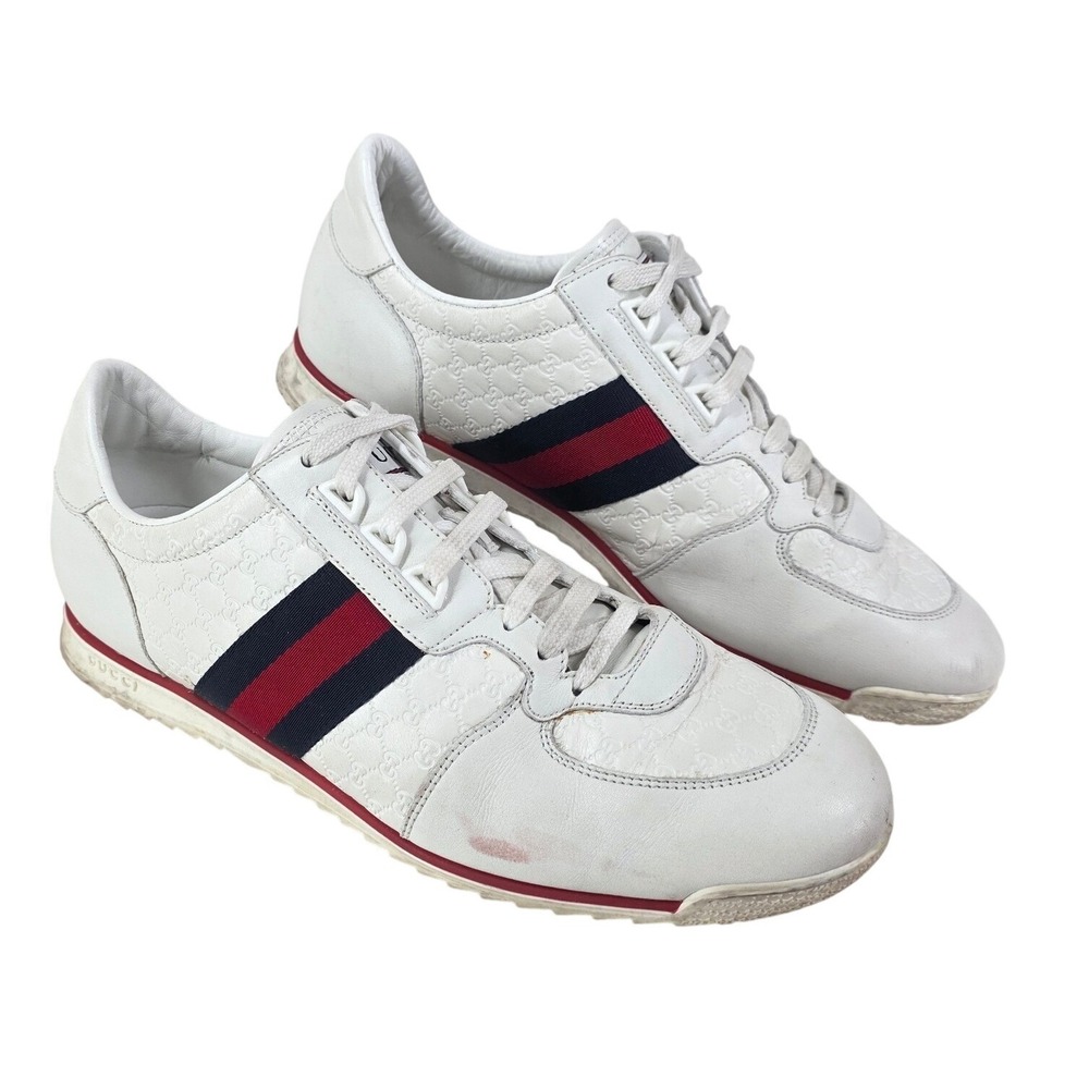 Gucci White Guccissima Leather Sneakers Mens 9 G US 10 Wide Web Stripe Low Top - Picture 15 of 15